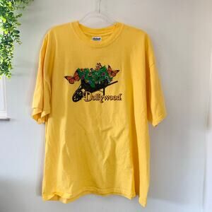 Vintage Dollywood Butterfly Garden Flower Embroidered Yellow T-Shirt XXL